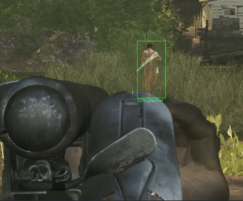 Hunt Showdown ESP cheat overlay — green hunter box at 25m through grass